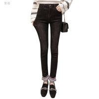 夏妆 加绒加厚牛仔裤女春秋新款韩版显瘦直筒高腰毛毛小脚长裤黑色