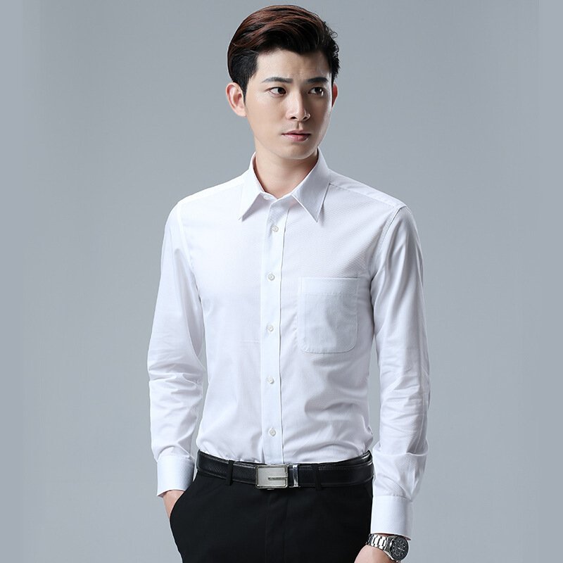 春夏新款男士衬衫单色长袖衬衫商务休闲免烫职业正装白色衬衣w