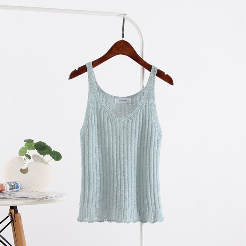 针织背心吊带衫春夏新款韩日百搭套头V领时尚潮人上衣女w浅蓝色均码