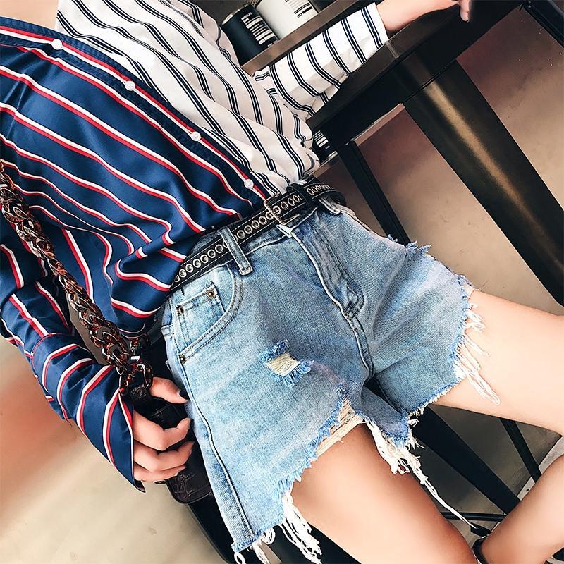 828新款破洞烂短裤女夏2017新款韩版高腰百搭毛边不规