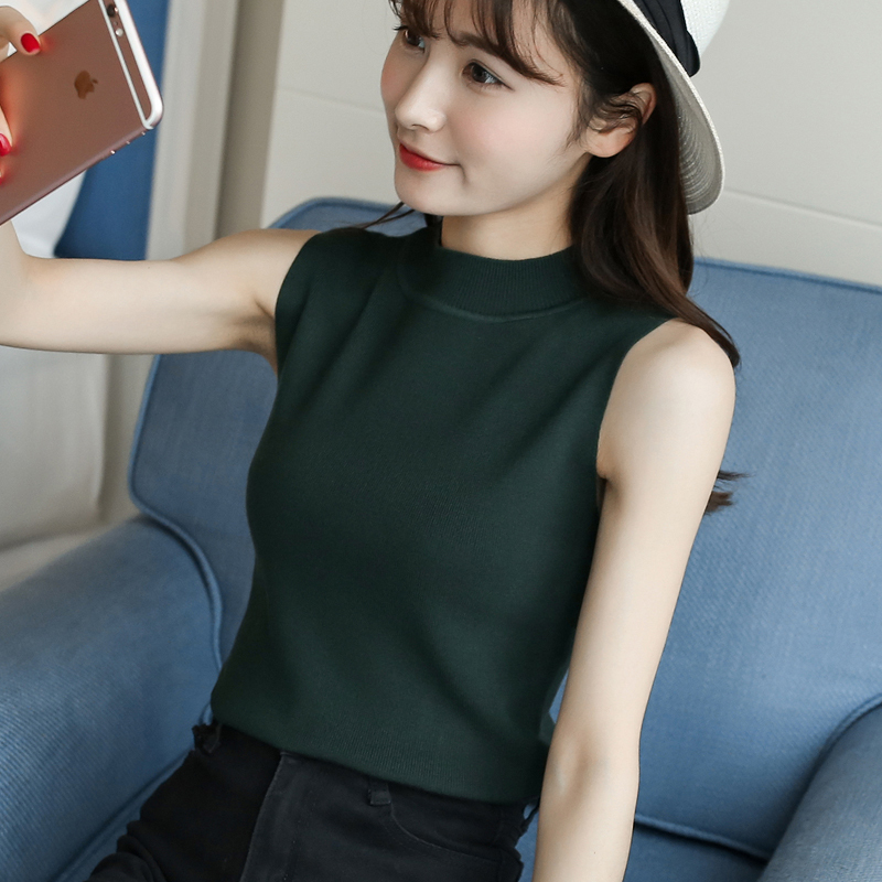 828新款冰丝亚麻超薄小背心女针织短款学生吊带外穿无袖半高领春夏t恤