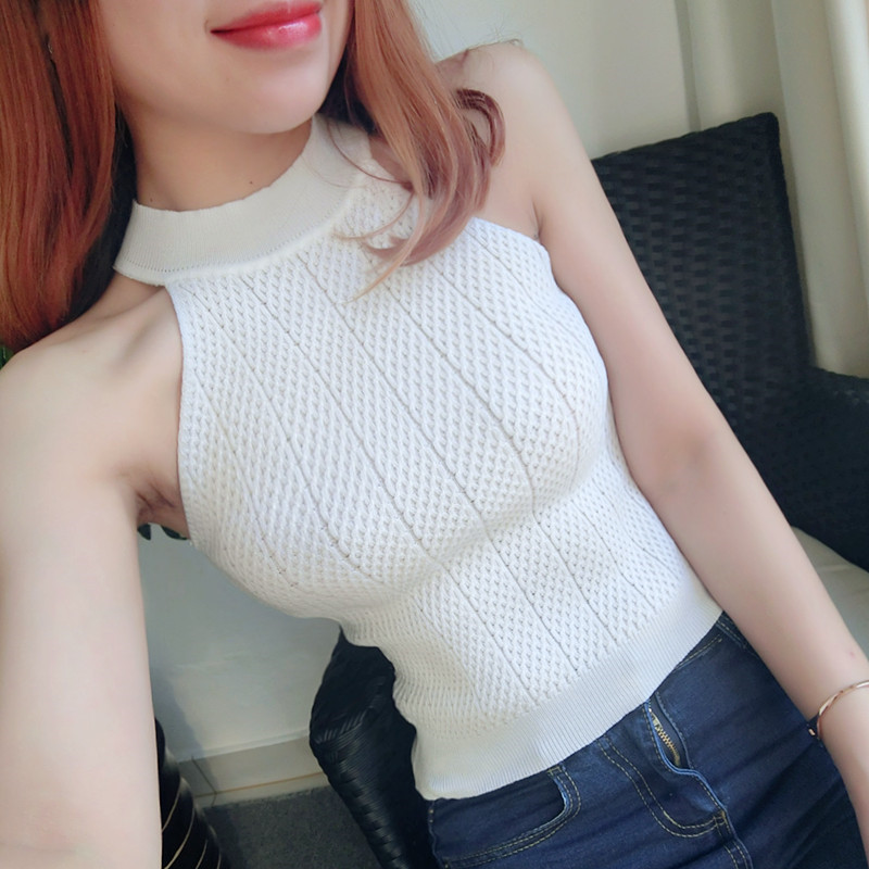 828新款夏季新款挂脖针织小背心女露肩性感短款上衣紧身露肚脐打底衫