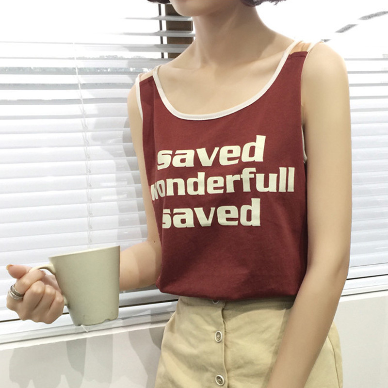 828新款2017夏季新款拼色字母印花无袖吊带背心外穿宽松显瘦打底衫