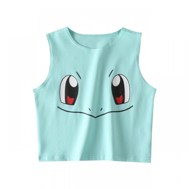 828新款原宿风卡通3d皮卡丘露脐装紧身无袖t恤高腰短款吊带背心女夏