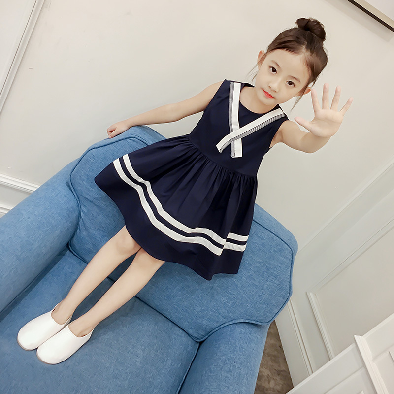 828新款女童背心裙蓝色学院风裙子小女孩童装2017新款夏装儿童无袖