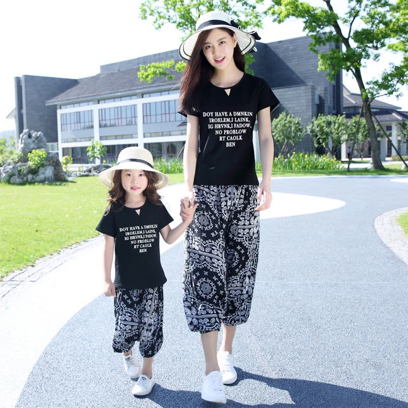 828新款亲子装母女装夏装2017新款韩版母子夏季短袖T恤男女童飞鼠裤套装图片