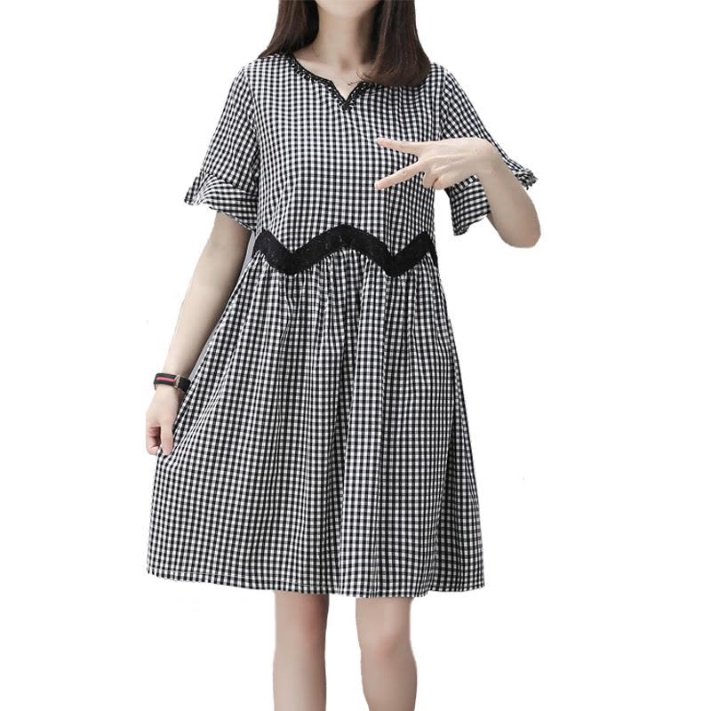 828新款欧洲站夏韩版 女短袖条纹格子大码孕妇装时尚 显瘦款连衣裙潮图片