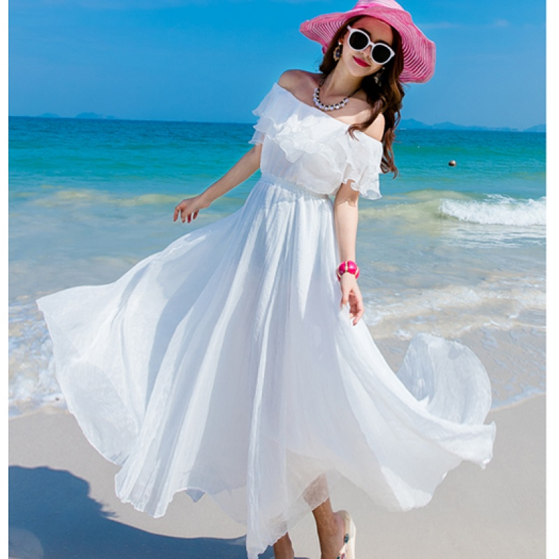 828新款泰国海边度假显瘦沙滩裙抹胸一字肩连衣裙白色长裙飘逸