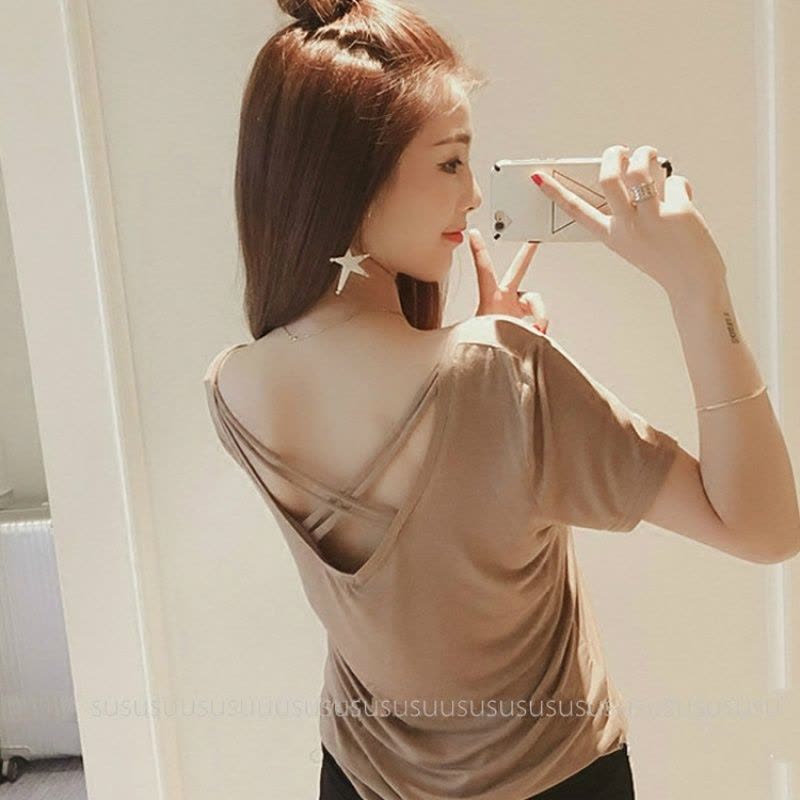 828新款新款韩版气质短袖双v领T恤女夏装露背交叉性感莫代尔打底衫图片