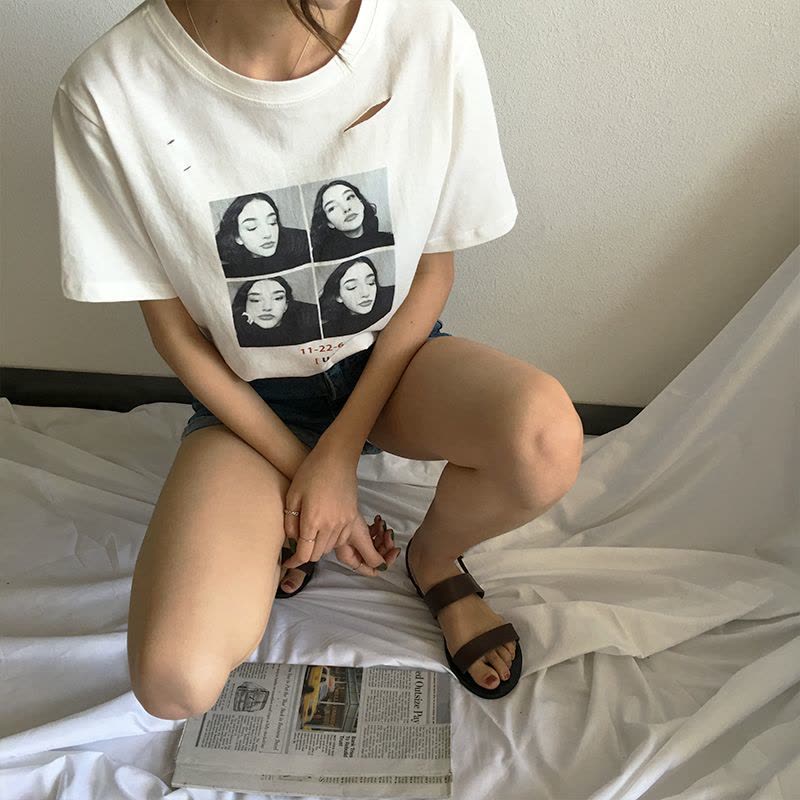 828新款自制chic欧美人物表情tee复古做旧短袖T恤女破洞圆领套头上衣图片