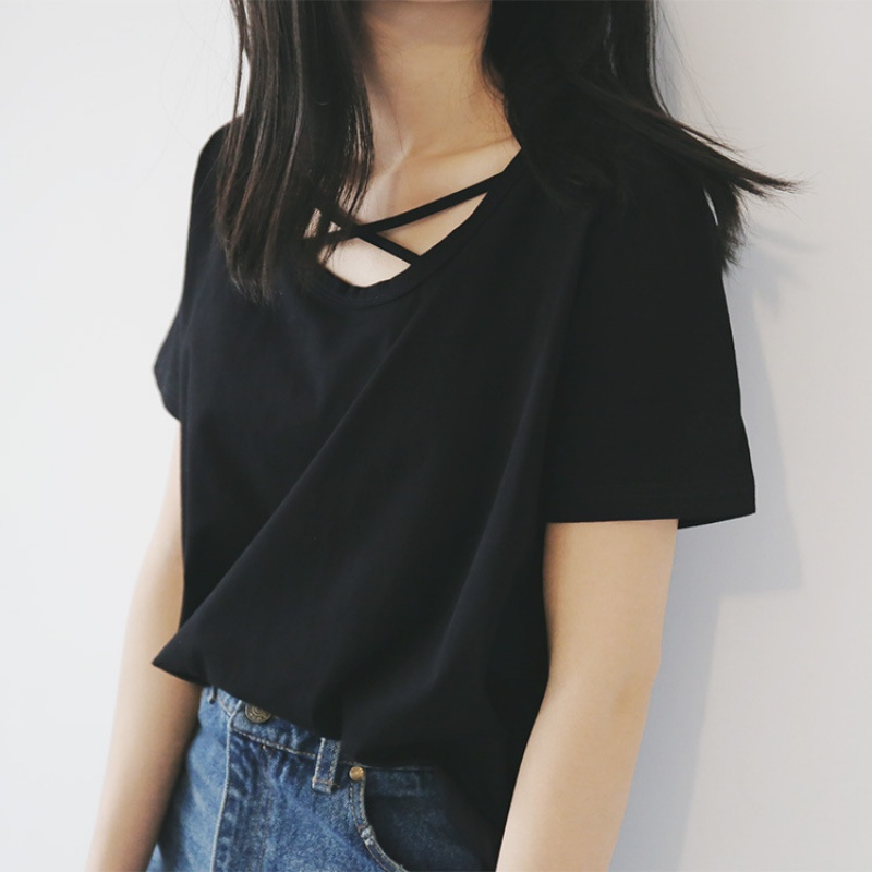 828新款安小落简约文艺纯色前后交叉绑带t恤棉质百搭显瘦短袖v领上衣