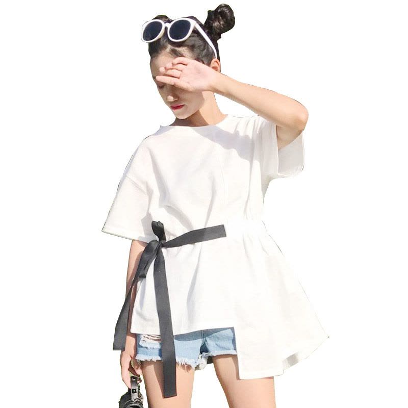 828新款夏装女装韩版显瘦收腰系带不规则短袖T恤个性拼色上衣学生潮图片