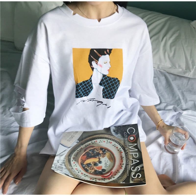 828新款春夏女装原宿风2017新款韩版个性破洞短袖T恤学生上衣打底衫图片