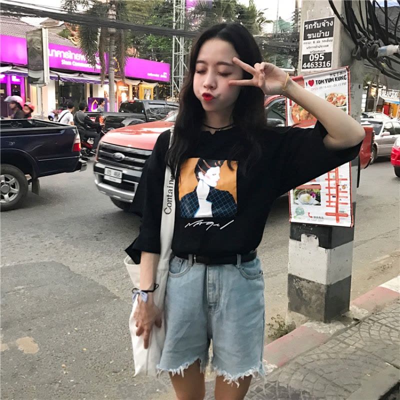 828新款春夏女装原宿风2017新款韩版个性破洞短袖T恤学生上衣打底衫图片
