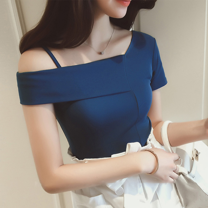 828新款2017夏新款韩版半漏肩上衣露肩短袖黄色t恤紧身衣服女春装潮