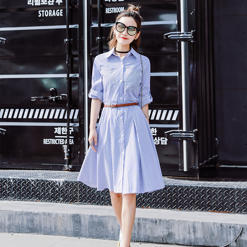 828新款蓝白条纹连衣裙女夏中长款裙子2017秋装新款韩版收腰衬衣裙