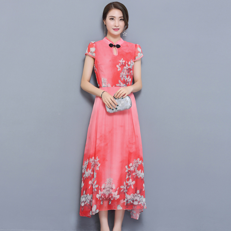 828新款新款2017修身印花复古连衣裙女 夏季立领显瘦雪纺大摆裙-定制款