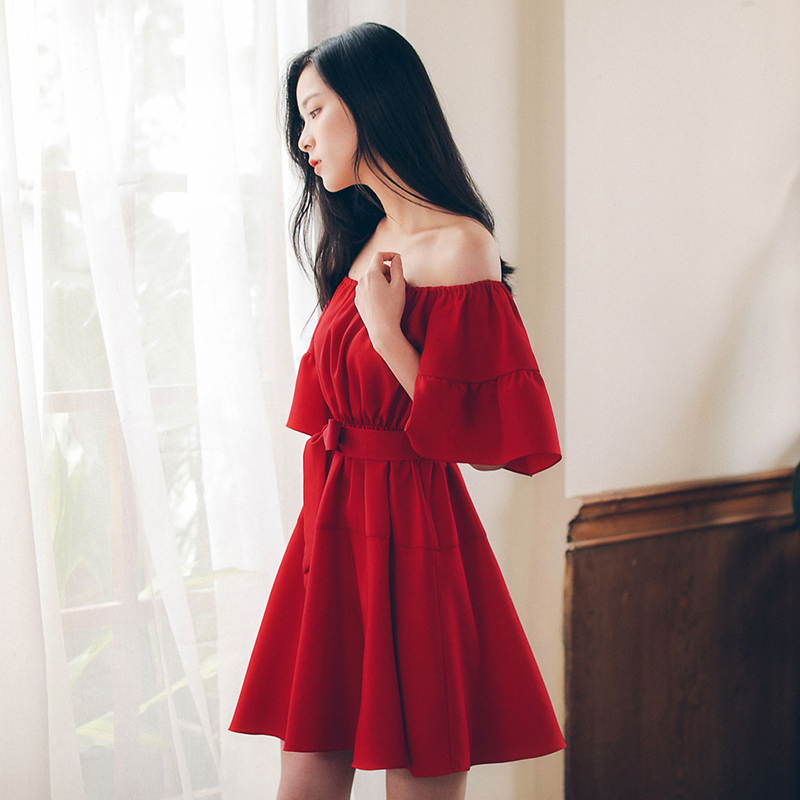 领连衣裙女夏2017新款韩版chic露肩收腰显瘦气质复古红色短裙定制款