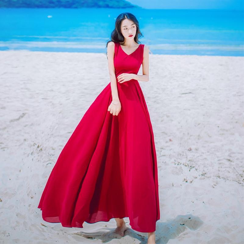 828新款2017款雪纺红色连衣裙女夏收腰显瘦海边度假沙滩裙长裙定制款