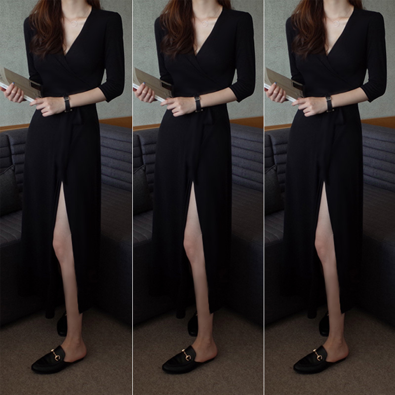 828新款2017新款黑色大码气质显瘦长款v领裹身裙侧开叉长裙连衣裙女夏