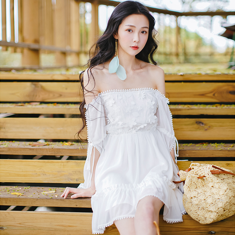 夏白色海边度假裙雪纺一字肩沙滩裙短款抹胸露肩连衣裙短裙女定制款