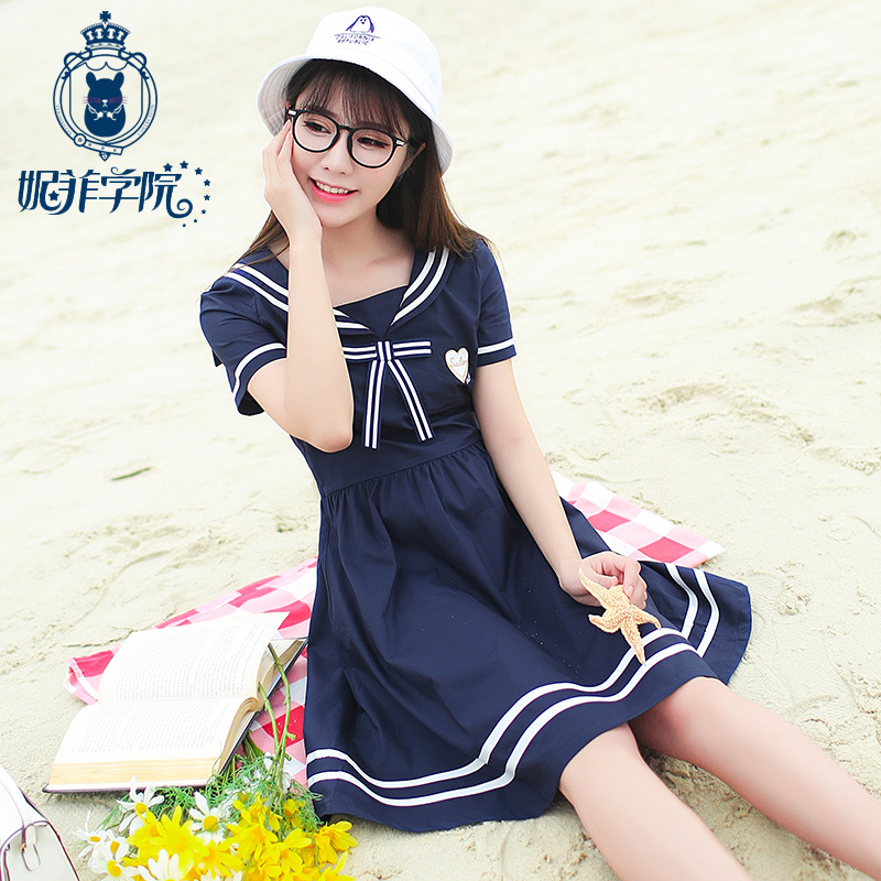 海军风连衣裙学院风水手服夏季韩版少女短袖中长款初中学生裙子女定制