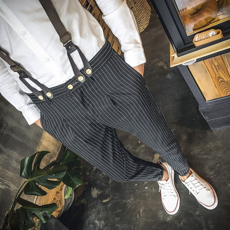 828新款17秋季男士背带裤条纹休闲裤西装发型师背带裤男生长裤潮男