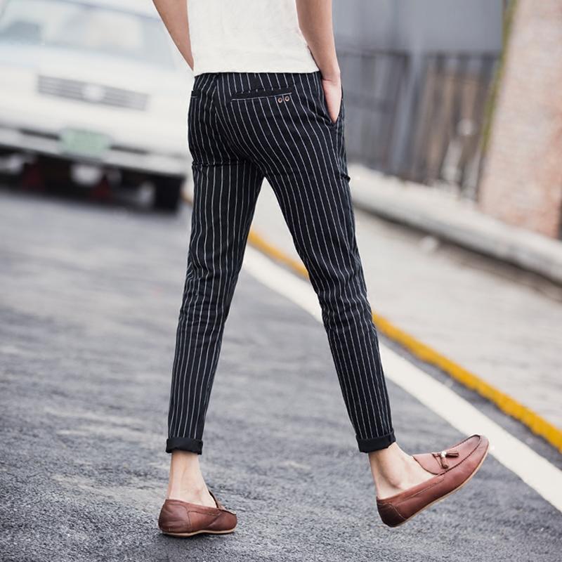 828新款春夏英伦青年条纹休闲裤男士修身小脚裤9分韩版潮流九分裤小
