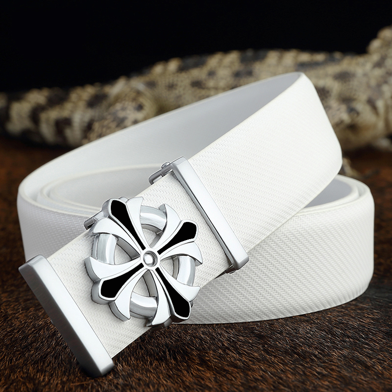 828新款百搭真皮白色皮带男士韩版潮流个性潮人裤带平滑扣青年潮男