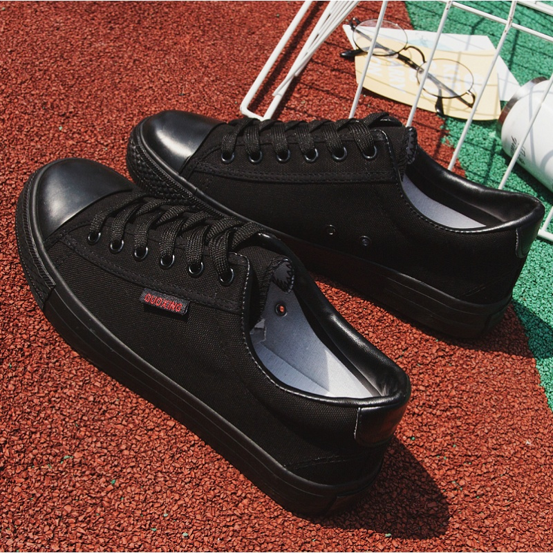 全黑色帆布鞋女百搭透气低帮平底系带情侣休闲鞋黑色工作鞋男板鞋视频