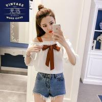 2018夏装新款学生显瘦小清新蝴蝶结一字领露肩吊带雪纺衫女士上衣