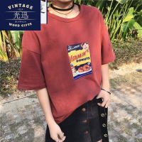 夏季韩版新款卡通印花半袖T恤女五分袖字母宽松短袖上衣打底衫酒红色均码