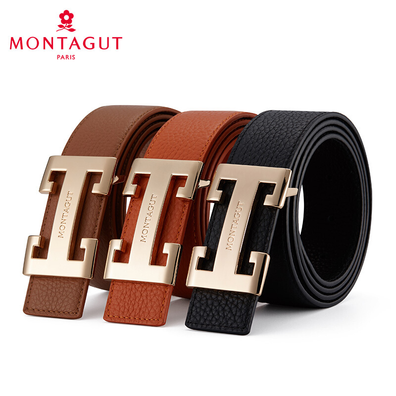 梦特娇\/Montagut男士皮带头层牛皮商务板扣青年平滑扣腰带男休闲男式裤带 