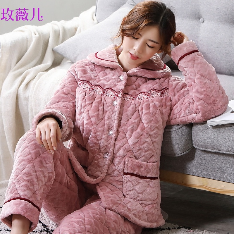 玫薇儿冬季中老年法兰绒睡衣女加厚三层夹棉老人妈妈婆婆加肥加大码