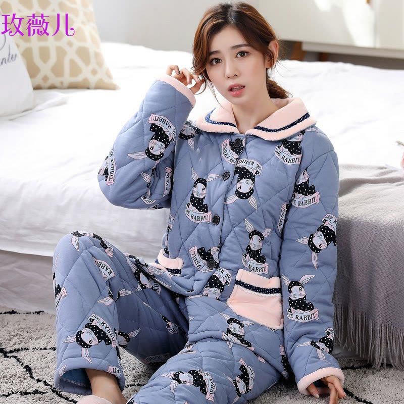 玫薇儿冬季针织纯棉夹棉睡衣女三层加厚棉袄套装大码200斤胖MM家居服4XL图片