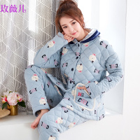 玫薇儿夹棉睡衣女冬季三层加厚保暖纯棉长袖冬款大码棉袄冬天家居服套装