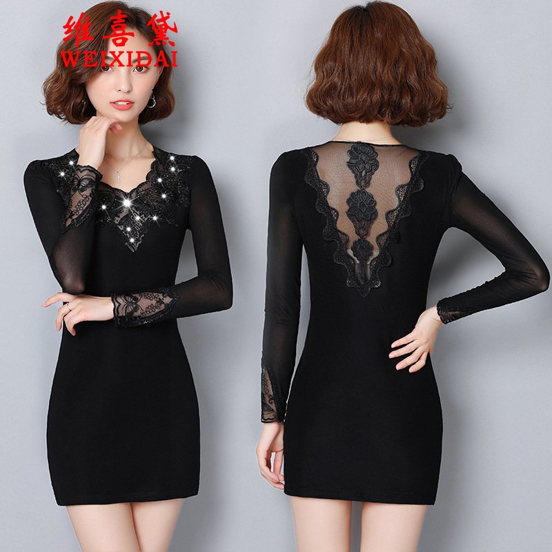 维喜黛2017秋季新款大码女装中长款显瘦蕾丝长袖打底衫女