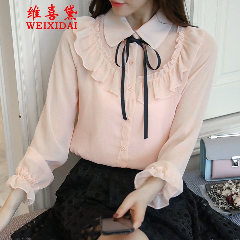 维喜黛2017秋季新款大码甜美气质显瘦喇叭长袖雪纺衫衬衫女