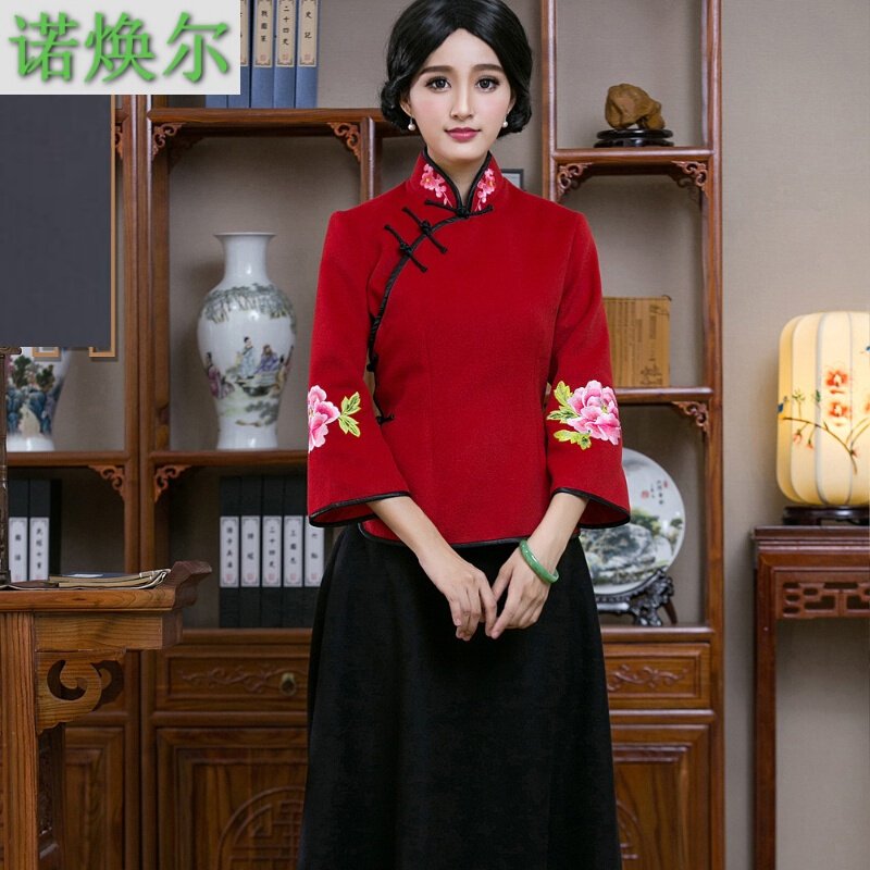 诺焕尔新款改良时尚羊绒长款旗袍裙日常复古女士修身红色上衣QCFD-9y图片色