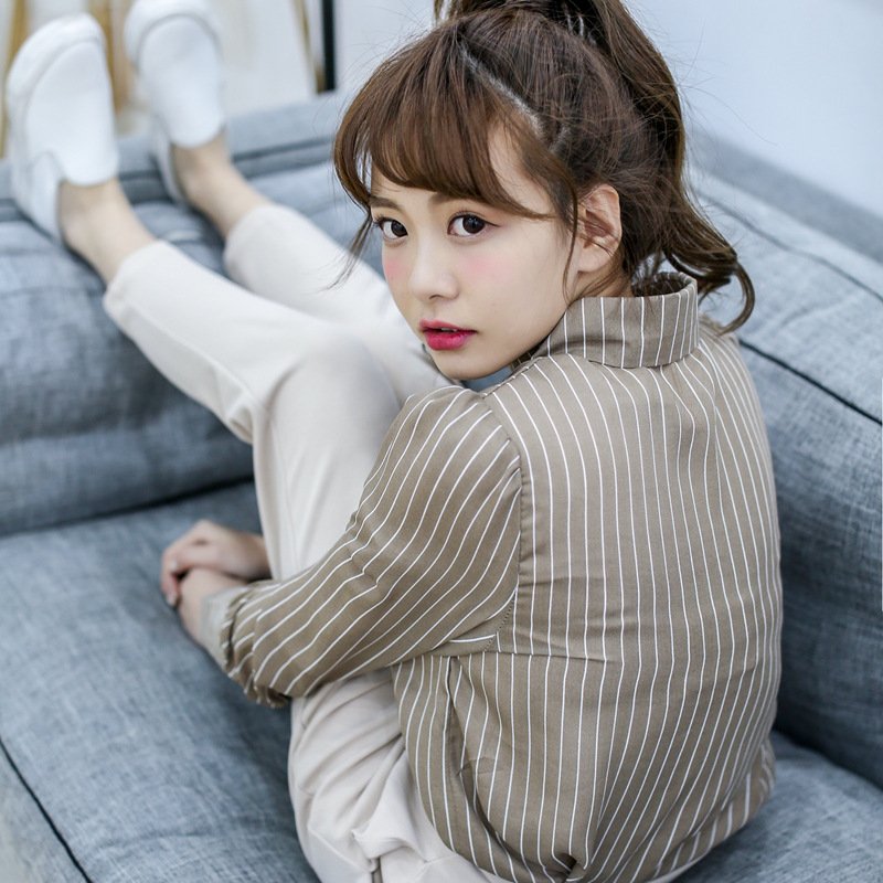 珂依舍2017秋装实拍2017韩国新款宽袖口翻领竖条纹雪纺衬衫