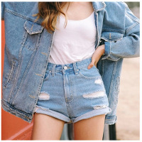珂依舍2017秋装百搭卷边破洞宽松牛仔短裤