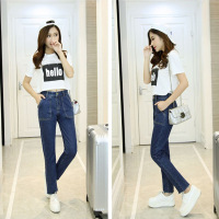 珂依舍2017秋装实拍韩版学生高腰直筒九分牛仔裤女秋冬宽松显瘦剪边休闲长裤