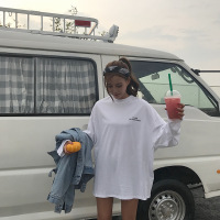 珂依舍2017秋装新款chic秋装字母印花落肩中长款长袖T恤宽松百搭上衣情侣t