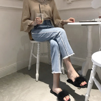 珂依舍2017秋装新款高腰百搭侧边须边条纹毛边牛仔直筒九分裤女实价