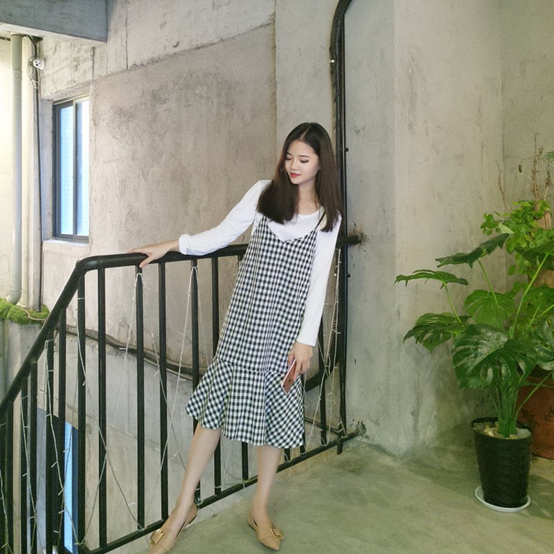 珂依舍2017秋装新款2017秋冬装新款韩版时尚潮流百搭格子连衣裙+打底衫2件套女