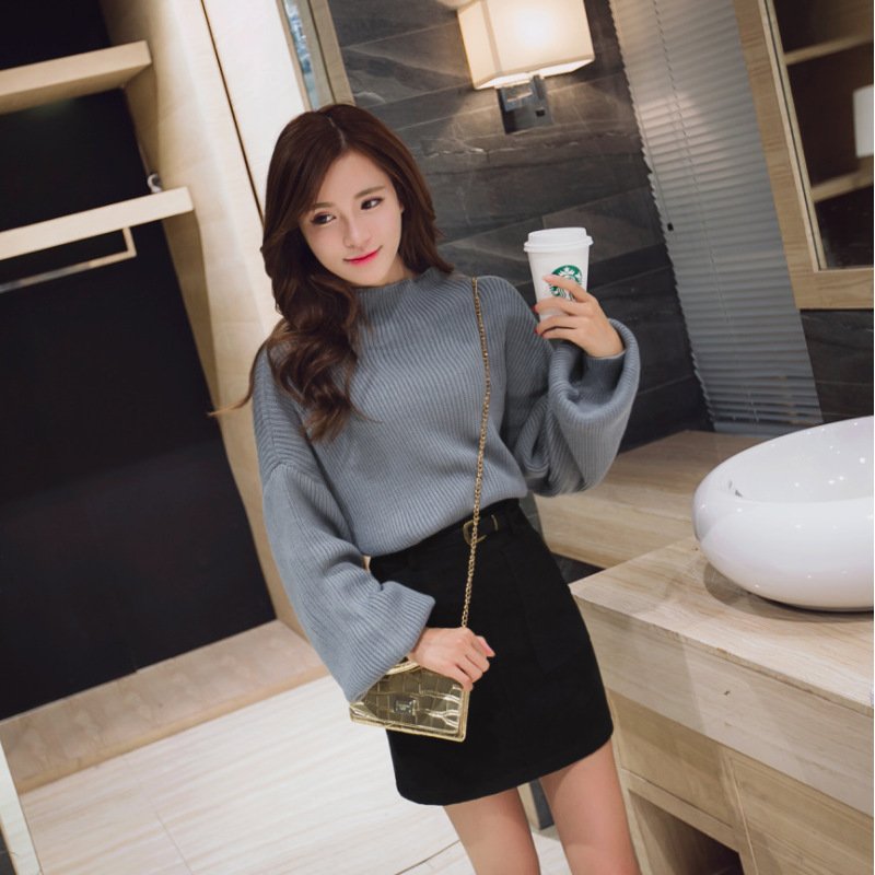 珂依舍2017秋装新款2017秋冬新款灯笼袖宽松款毛衣女+短裙配皮带套装