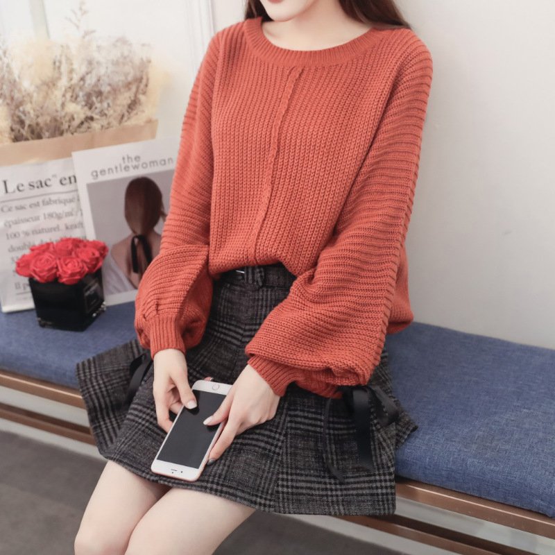 珂依舍2017秋装新款2017秋冬新款蝴蝶结粗针毛衣+格子短裙配皮带套装