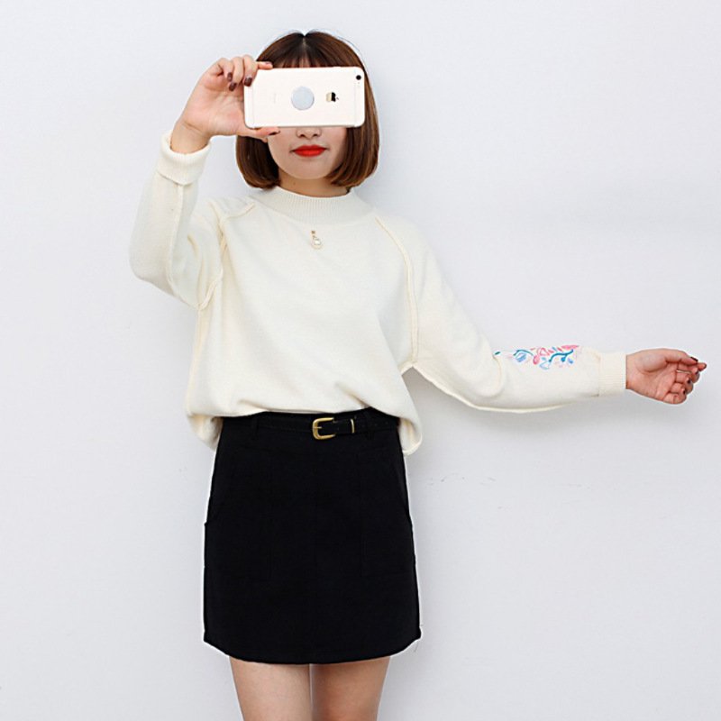 珂依舍2017秋装新款2017秋冬绣花毛衣+加厚复合短裙配皮带套装