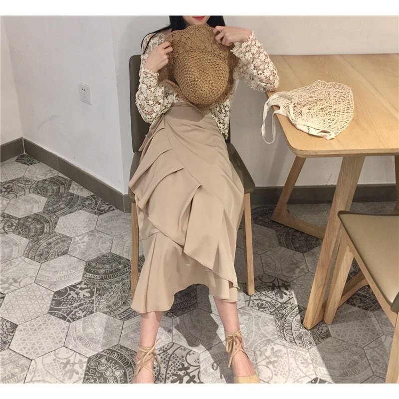 珂依舍2017秋装新款飘逸纯色荷叶边大摆半身裙高腰显瘦设计感交叉雪纺中长裙