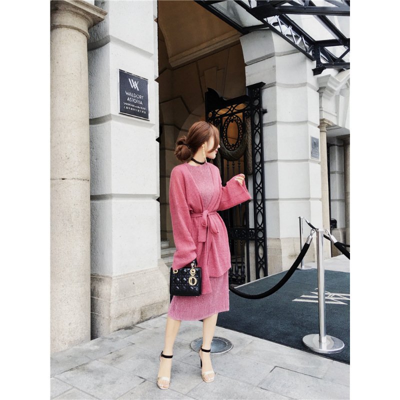 珂依舍2017秋装新款中长款系带收腰针织外套送腰带